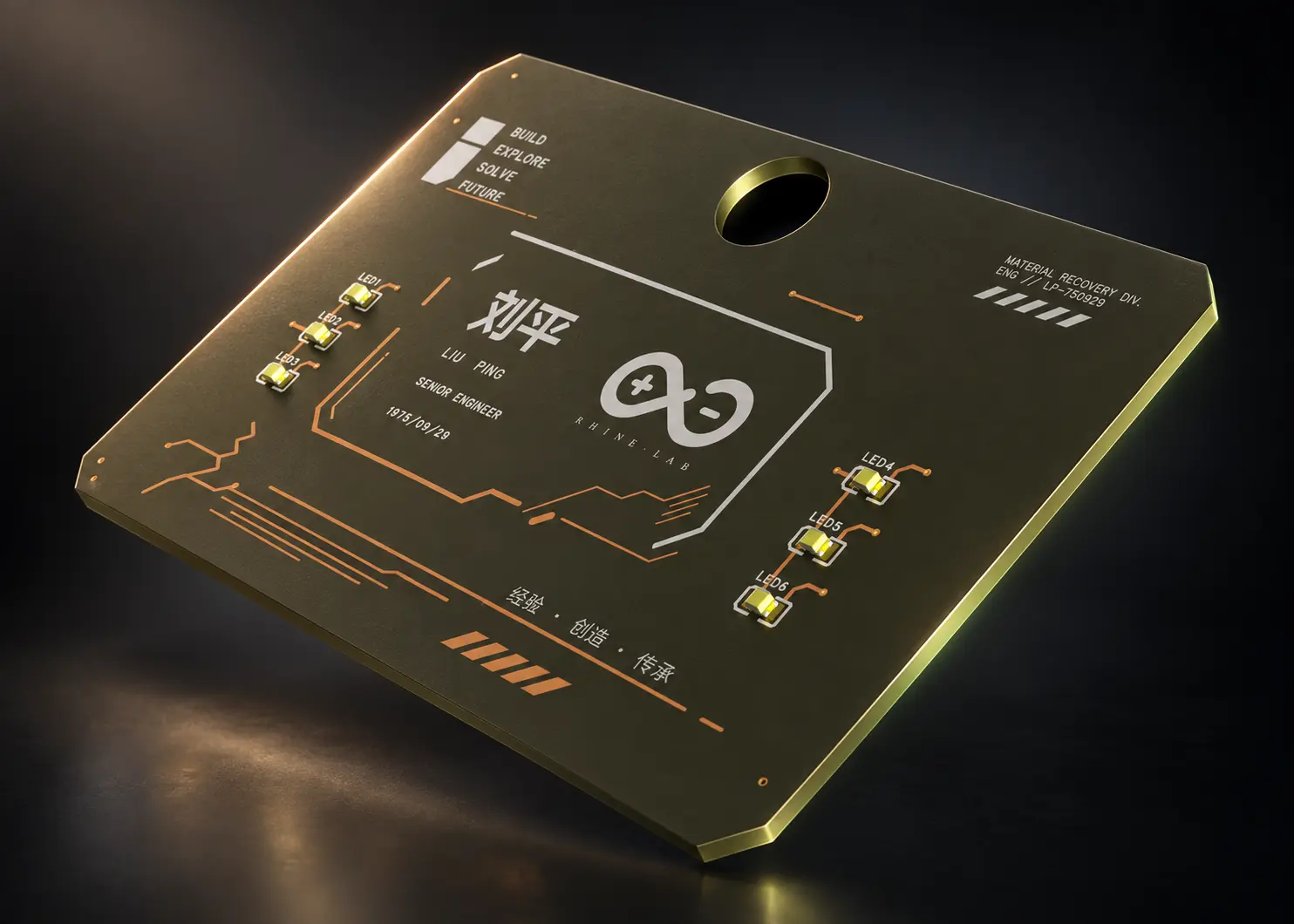 刘平工程师 PCB 工牌正面产品渲染,包含六颗 LED、工业线路与身份信息